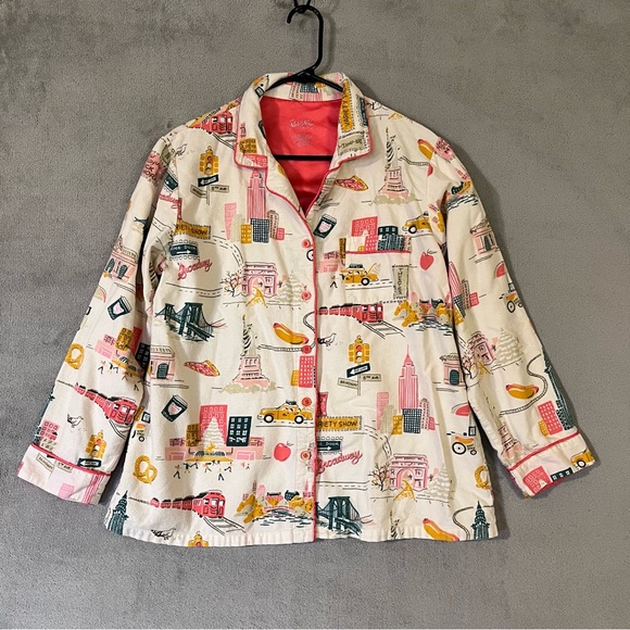 Nick & Nora Womens New York City Scenes Pajama Shirt Cotton Sz L Button Up Top - Picture 2 of 12